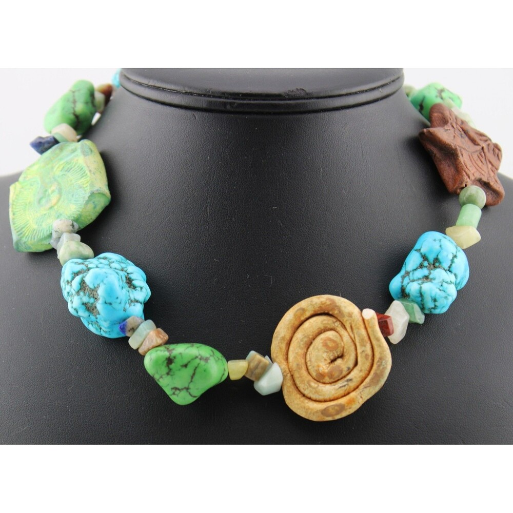 Studio Art Pottery Green Blue Turquoise Stone Southwestern Pictograph Necklace
